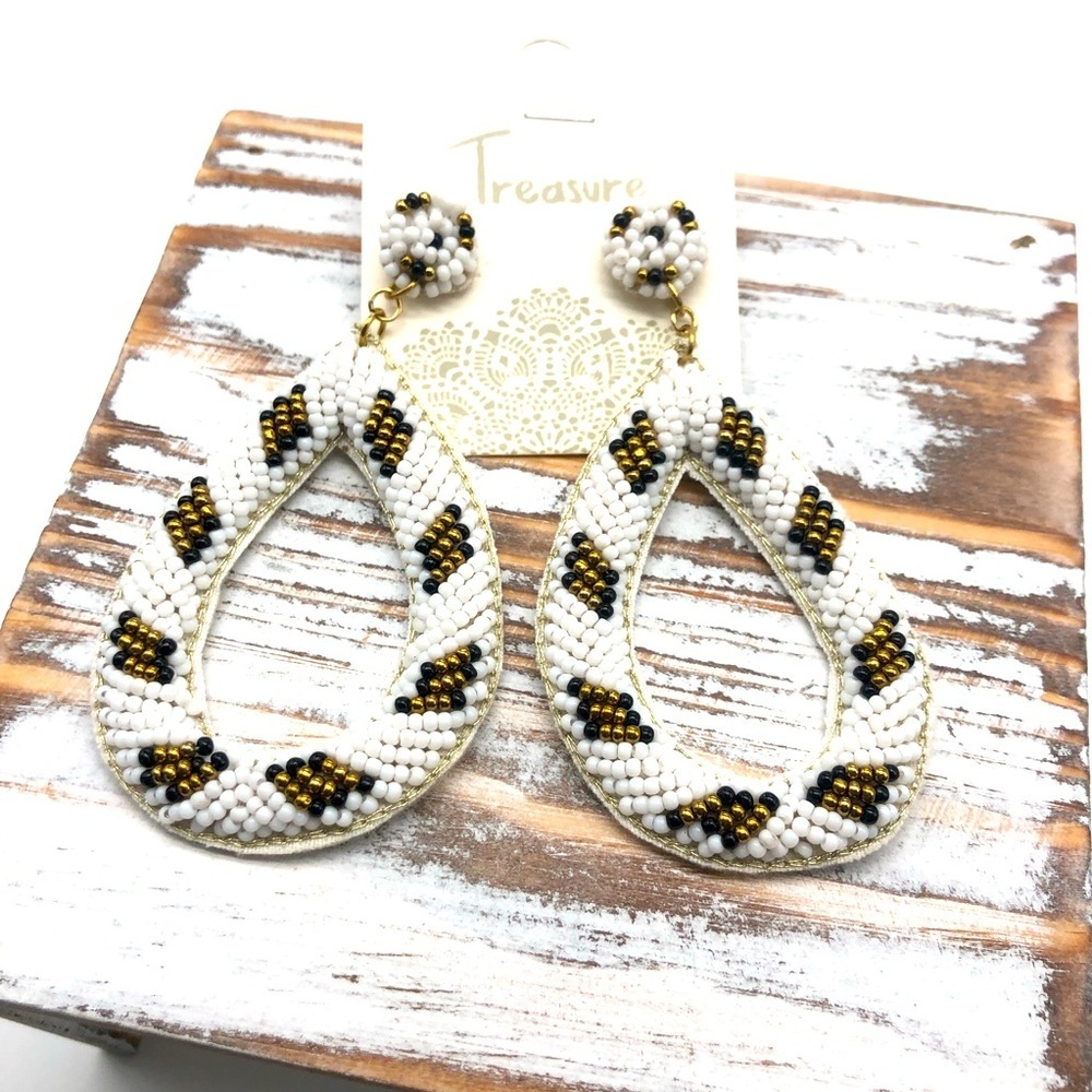 White Beaded Animal Print Statement Earrings
